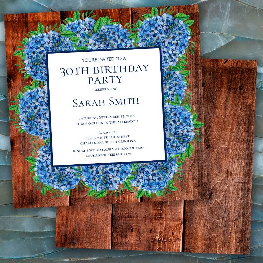 30th Birthday Wood Blue Hydrangeas Rustic Party Kaart