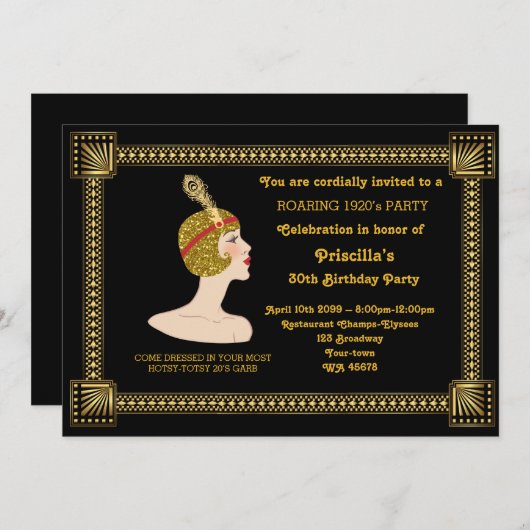 30th of any,Birthday Party women,Gatsby, gold Kaart (Voorkant / Achterkant)