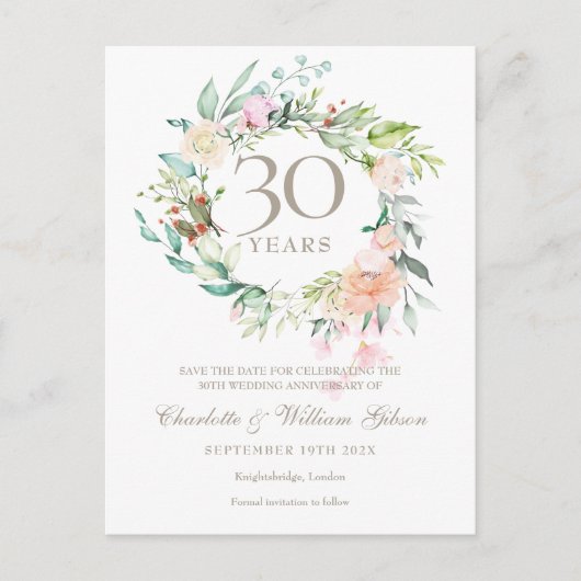 30th Pearl Jubileum Save the Date Rozen Floral Aankondigingskaart (Voorkant)