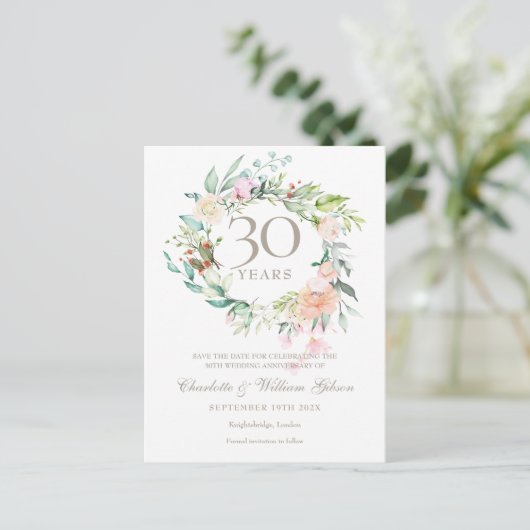30th Pearl Jubileum Save the Date Rozen Floral Aankondigingskaart (Staand voorkant)
