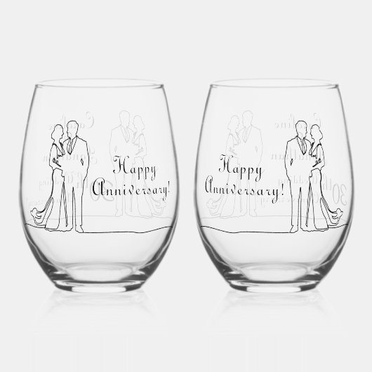 30th Pearl Wedding Jubileum Line Art Couple Wijnglas Zonder Voet (Achterkant)