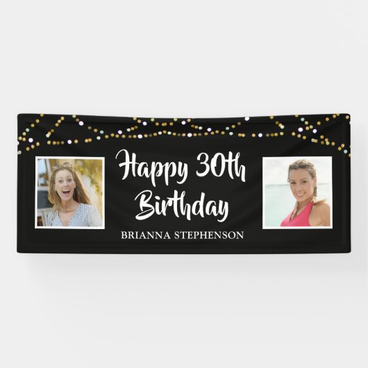 30th Verjaardag String Lights Fotonaam Zwart Spandoek (Horizontaal)