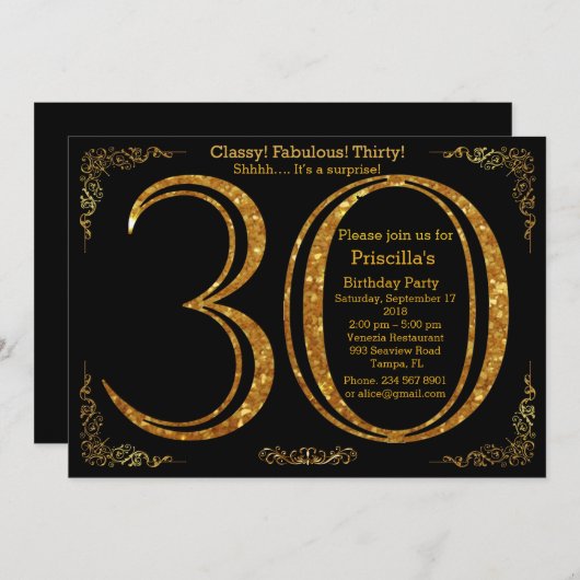 30th, Verjaardagsfeest, Dertig, Gatsby, zwart & go Kaart (Voorkant / Achterkant)