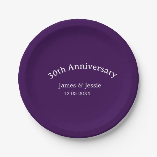 30th wedding anniversary name date purple simple papieren bordje (Voorkant)