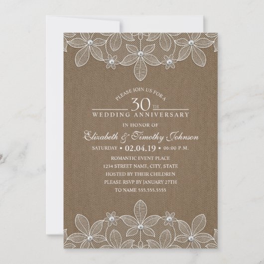30th Wedding Jubileum Rustic Dark Burlap Lace Kaart (Voorkant)