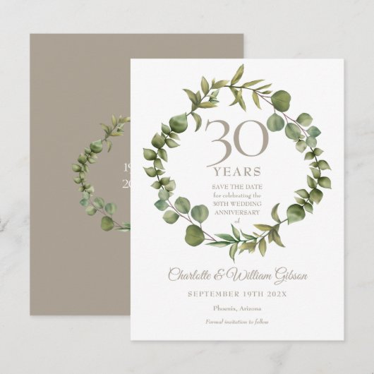 30th Wedding Jubileum Save the Date Greenery Aankondigingskaart (Voorkant / Achterkant)