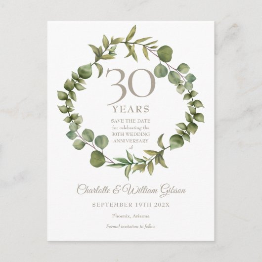 30th Wedding Jubileum Save the Date Greenery Aankondigingskaart (Voorkant)