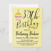 30th Yellow Cupcake Waterverf Birthday Uitnodiging Briefkaart (Voorkant / Achterkant)