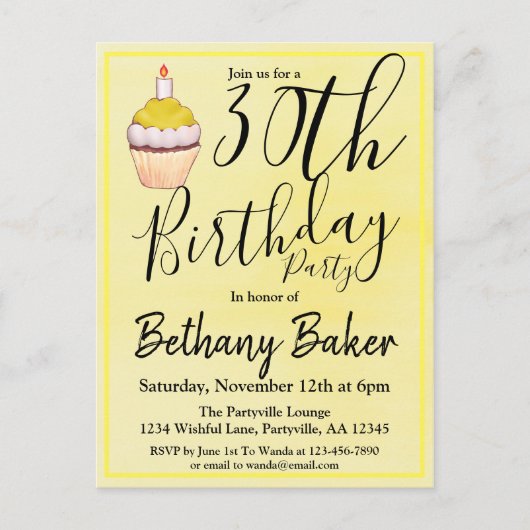 30th Yellow Cupcake Waterverf Birthday Uitnodiging Briefkaart (Voorkant)