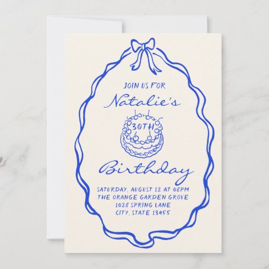 30thBlue Bow Hand getrokken Coquette Verjaardagsfe Kaart (Voorkant)