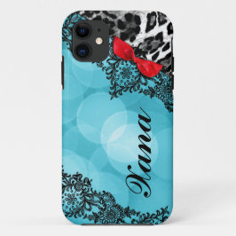 311 Aqua Red Leopard Dream in Lights Lace faux bow iPhone 11 Hoesje