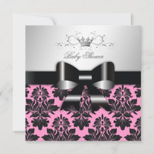 311-Blackberry roze Damask Black Bow   Baby shower Kaart
