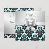311-Blackberry Sweet Blue Damask Bow | Baby shower Kaart (Voorkant / Achterkant)