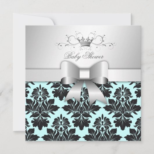 311-Blackberry Sweet Blue Damask Bow | Baby shower Kaart (Voorkant)