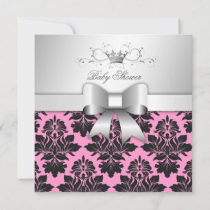 311-Blackberry Sweet Pink Damask Bow Baby shower Kaart