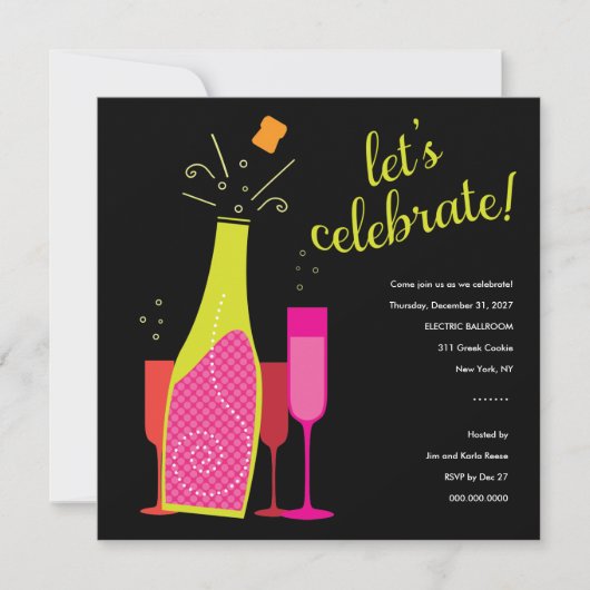 311 Champagne Pop New Years Invite Pink & Black Kaart (Voorkant)