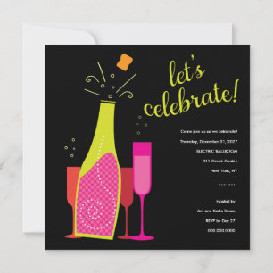311 Champagne Pop New Years Invite Pink & Black Kaart