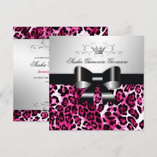 311- Chic Hot Pink Leopard Bow  | Zoet 16 Kaart (Voorkant / Achterkant)