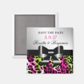 311 Chic Hot Pink Limoen Leopard Bow Save the Date Magneet (Voorkant / Achterkant)