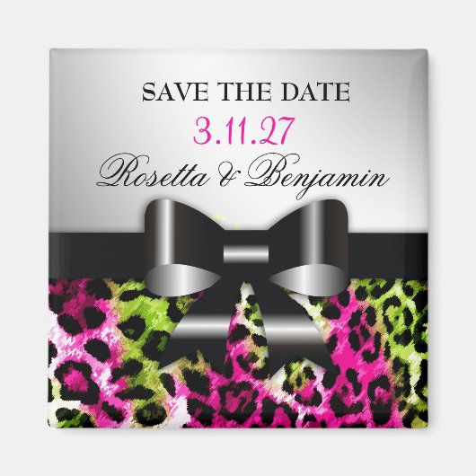 311 Chic Hot Pink Limoen Leopard Bow Save the Date Magneet (Voorkant)
