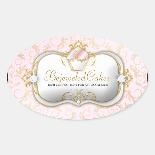 311-Ciao Bella Bejeweled Cakes | Roze achtergrond Ovale Sticker (Voorkant)