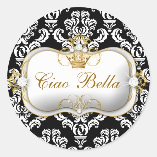 311 Ciao Bella Elegant Damask Zwart Wit Ronde Sticker (Voorkant)