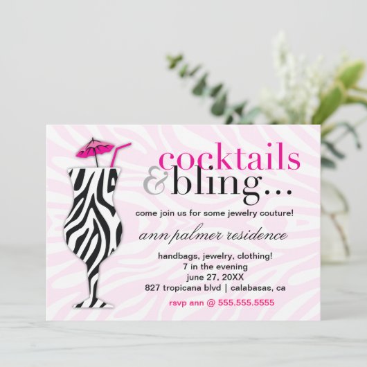 311 Cocktails & bling-Zebra Kaart (Staand voorkant)