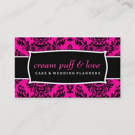 311 Cream Puff & Love Black Hot Pink Damask Visitekaartje (Voorkant)