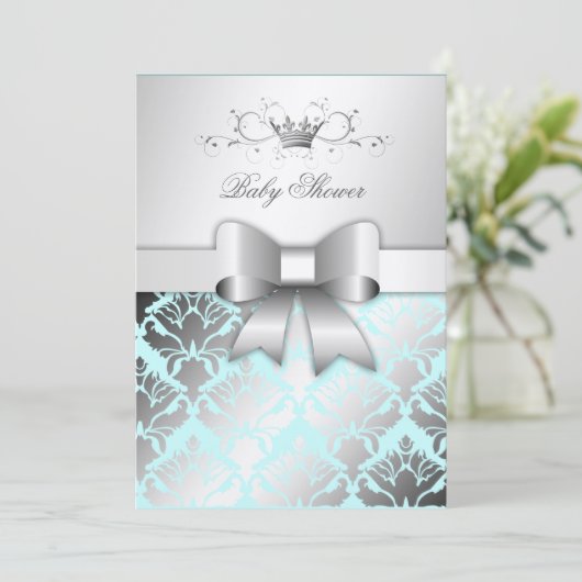 311 Damask Shimmer Bow Boy Blue Baby shower Kaart (Staand voorkant)
