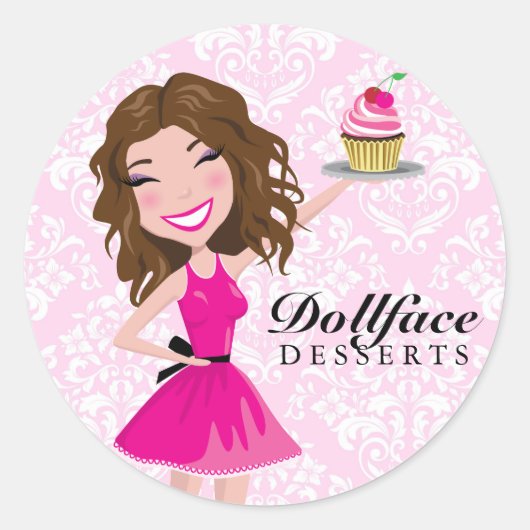 311 Dollface Desserts Brownie Roze Damask Ronde Sticker (Voorkant)