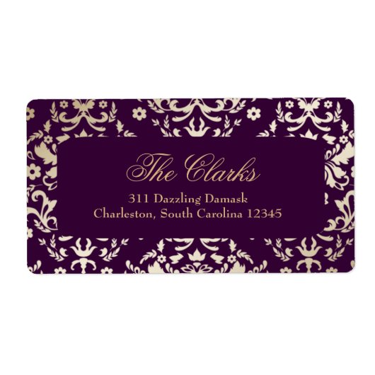 311 Duizelingwekkende Damask Gold Ivory Deep Paars Etiket (Voorkant)