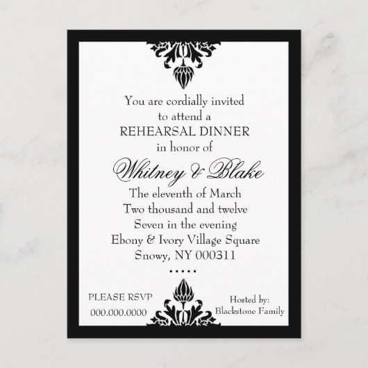 311 EBONY IVORY DAMASK INVITATION UITNODIGING BRIEFKAART (Voorkant)