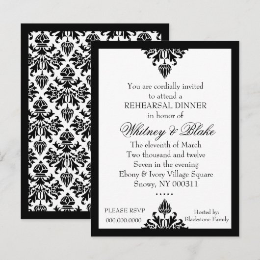 311 EBONY IVORY DAMASK UITNODIGING BRIEFKAART (Voorkant / Achterkant)