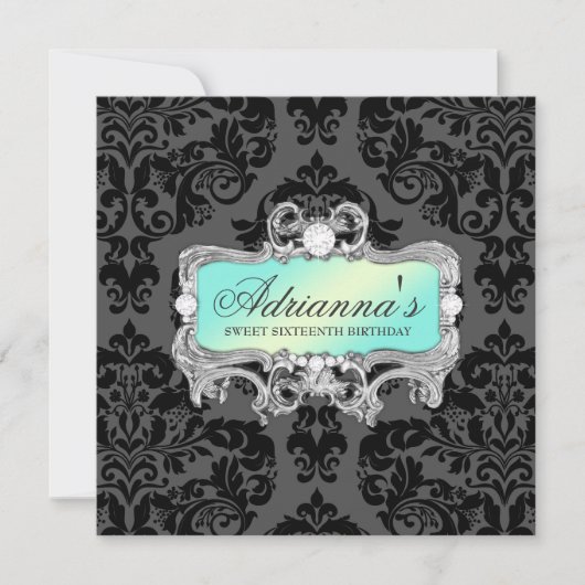 311 Glam Aqua Limoen Damask Diamonds Kaart (Voorkant)