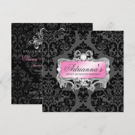 311 Glam Pink Grey Damask Diamonds Kaart (Voorkant / Achterkant)