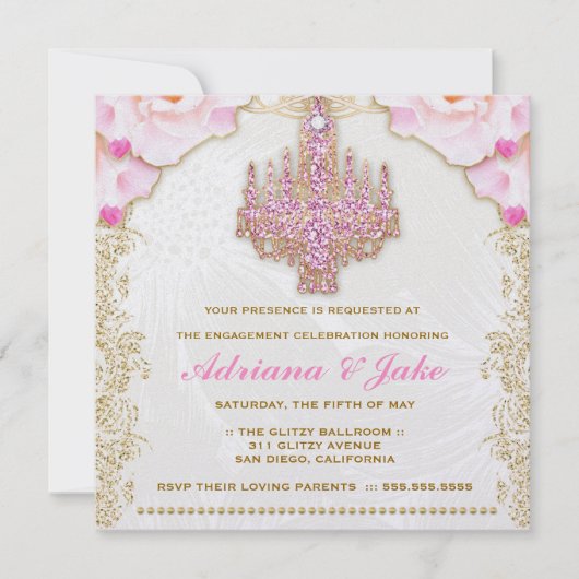 311 Glitzy Pink Chandelier Metallic Uitnodiging (Voorkant)