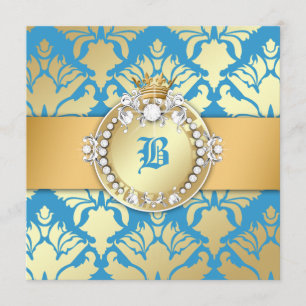 311-Golden Blue Damask Shimmer Queen Baby shower Kaart
