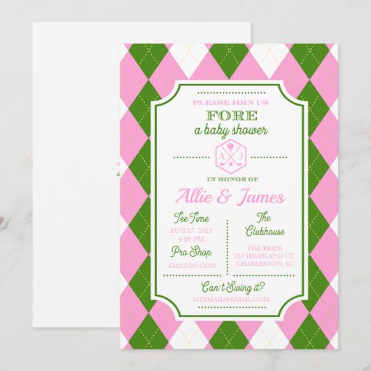 311 Golf - Vergroten Baby shower roze uitnodiging (Voorkant / Achterkant)