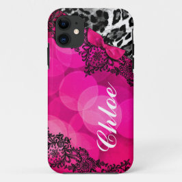 311 Hot Pink Leopard Dream in Lights Lace faux bow iPhone 11 Hoesje