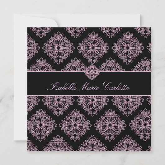 311-Isabella Pink et Black Damask Invitation Kaart (Voorkant)
