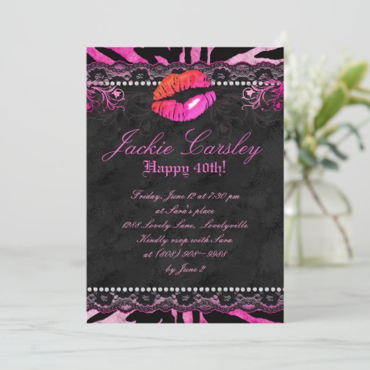 311 Lace Diamonds Verjaardagsfeestje Zebra Roze Li Kaart (Staand voorkant)