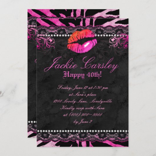 311 Lace Diamonds Verjaardagsfeestje Zebra Roze Li Kaart (Voorkant / Achterkant)