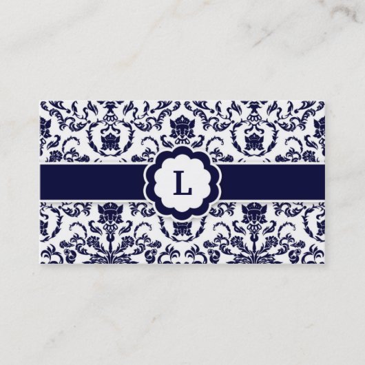 311 Lauren Damask Monogram Navy Visitekaartje (Voorkant)