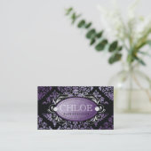 311-Luxueus Paars Damask Monogram Visitekaartje (Staand voorkant)