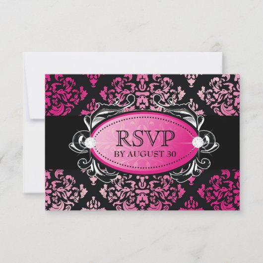 311-Luxueus roze Damask RSVP Kaartje (Voorkant)