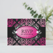 311-Luxueus roze Damask RSVP Kaartje (Staand voorkant)