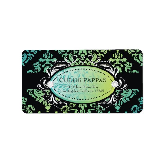 311-Luxueus Turquiose Limoen Damask Label (Voorkant)