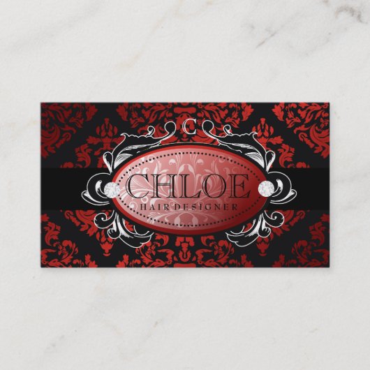 311 Luxurious Red Licorice Damask Monogram Visitekaartje (Voorkant)