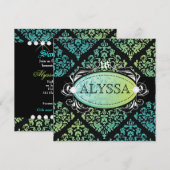 311-Luxurious Turquoise n' Limoen Damask Sweet 16 Kaart (Voorkant / Achterkant)
