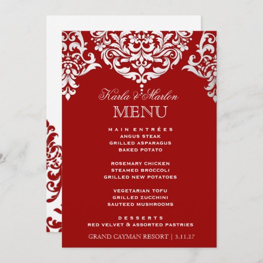 311 Mon Cherie Damask Red & Faux Silver Menu (Voorkant / Achterkant)